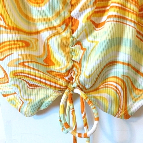 JUST POLLY JUNIORS RETRO SWIRL V-NECK SLEEVELESS RUCHED FRONT TOP SIZE XL NWT - Picture 3 of 6